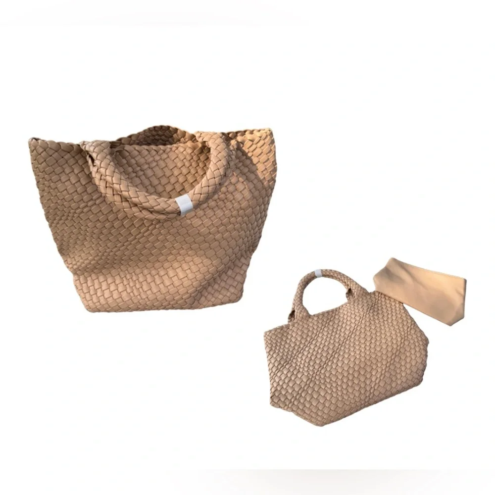 New Large Woven Vegan Leather Tote Bag with Matching Clutch – Beige - Picture 5 of 14